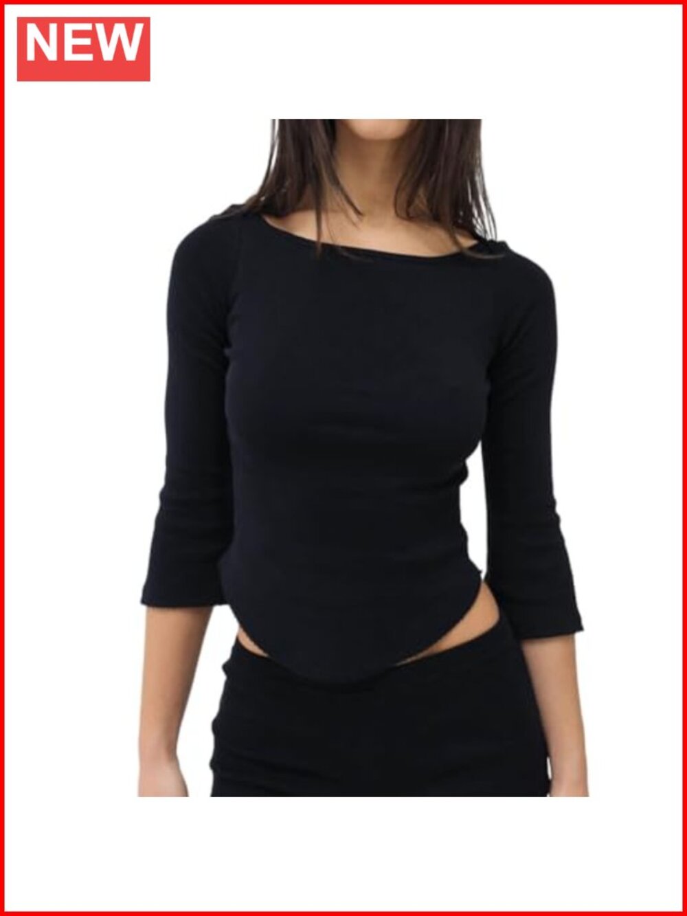 Women Y2K Boat Neck 3/4 Sleeve Crop T-Shirt Picot Trim Curved Hem Slim Fit